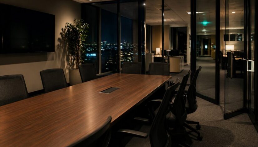 A cleaned conference room, prepared by a nightly cleaning vendor